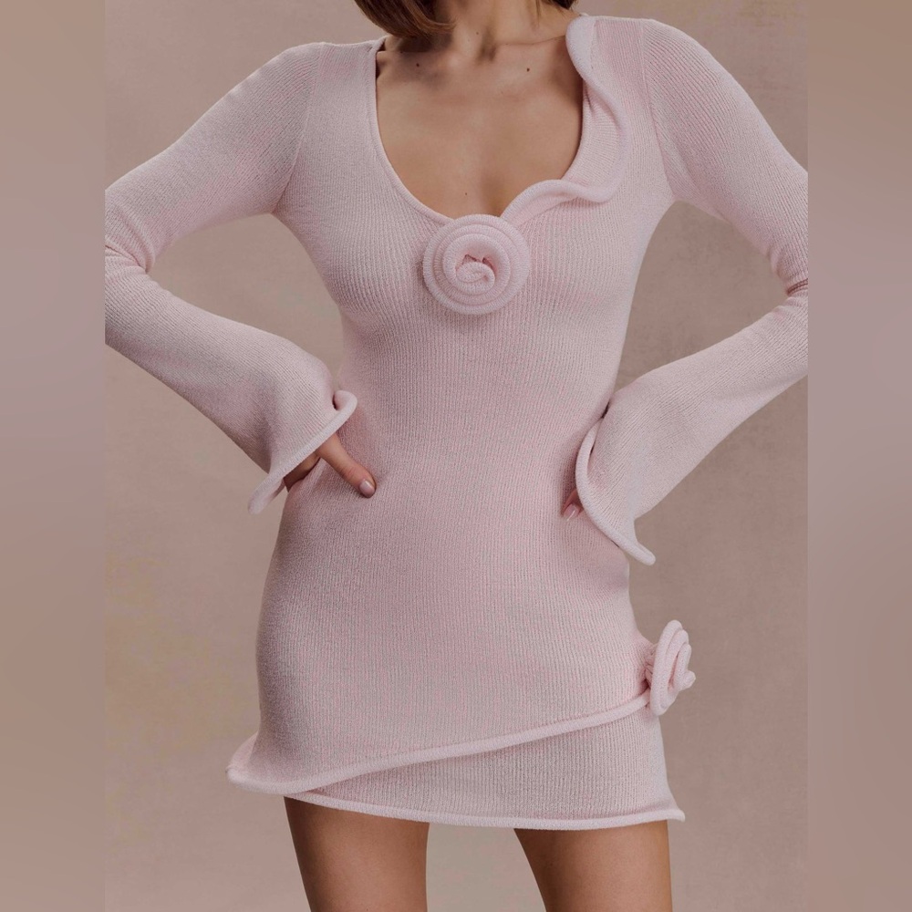 Meshki Light Pink Knit Rose-Accent Bodycon Dress - Size Small - Picture 3 of 6